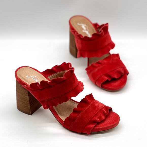 Free People Shoes - FREE PEOPLE Rosie Ruffle Heel Womens 37 Red Suede Block heeled Sandal Slip On